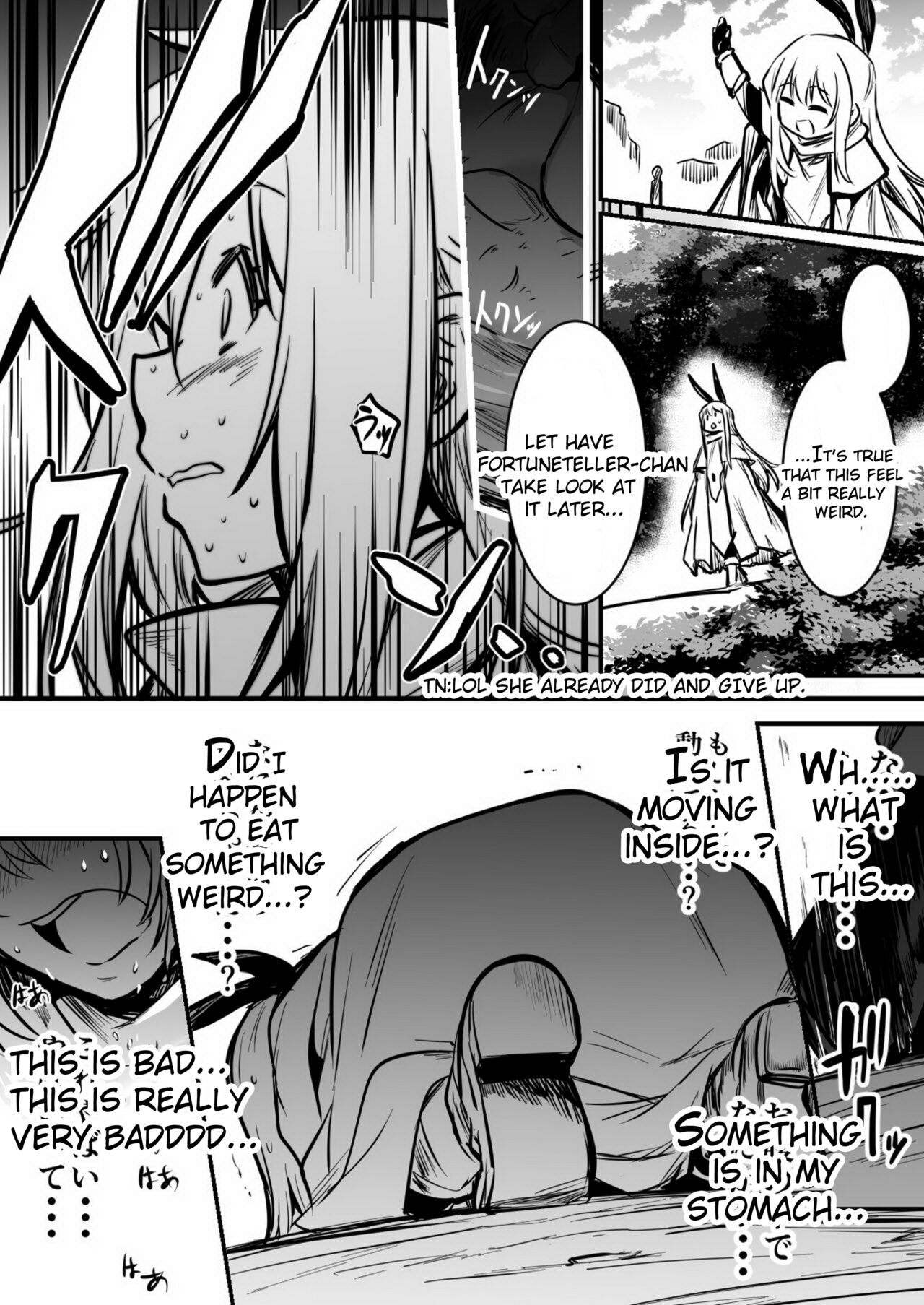 Furtuneteller-chan who worry about Adventure-chan's unusual symptom and take a look at it and Adventure-chan who unknowingly got knock up and  give birth to demi-human child in distant land page 6 full