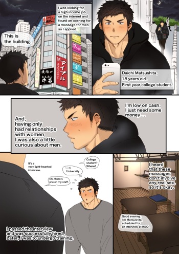 A manga about an athletic college student who receives sexually explicit massage training from an older manager cover