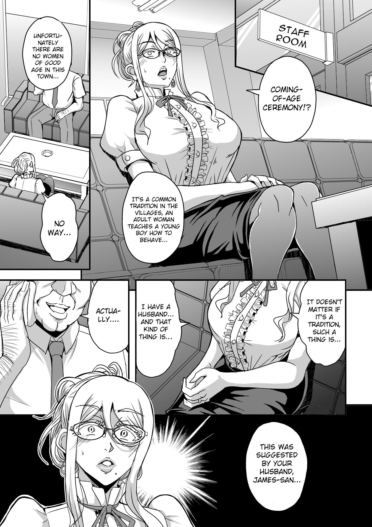 Bakunyuu Hitozuma Kinpatsu Gaikokujin Jokyoushi ga Mura no Inshuu de Kasshoku Shota no Fudeoroshi o Suru Hanashi page 4 full