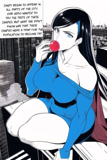 Expanding Heroine:Confronting the Virus Villain, Page 1 to 12,   ,, Weight gain anime girl, bbw, ssbbw, stuffing belly, SuperHero who gain a lot of weights because of a food addiction. cover